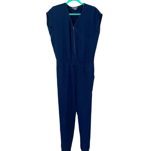 VINCE Navy Blue Zip Front Short Sleeve Jumpsuit Size 2 - Picture 2 of 8